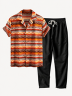 Men's Printed Cuban Shirt and Linen Blend Trousers Summer