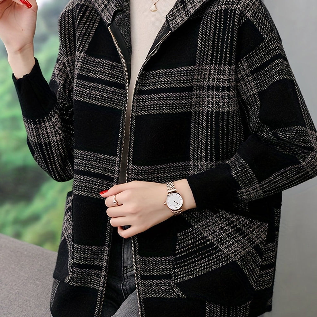Women's Relaxed Checked Hoodie Jacket with Full Zipper - Gray