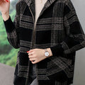 Women's Relaxed Checked Hoodie Jacket with Full Zipper - Gray