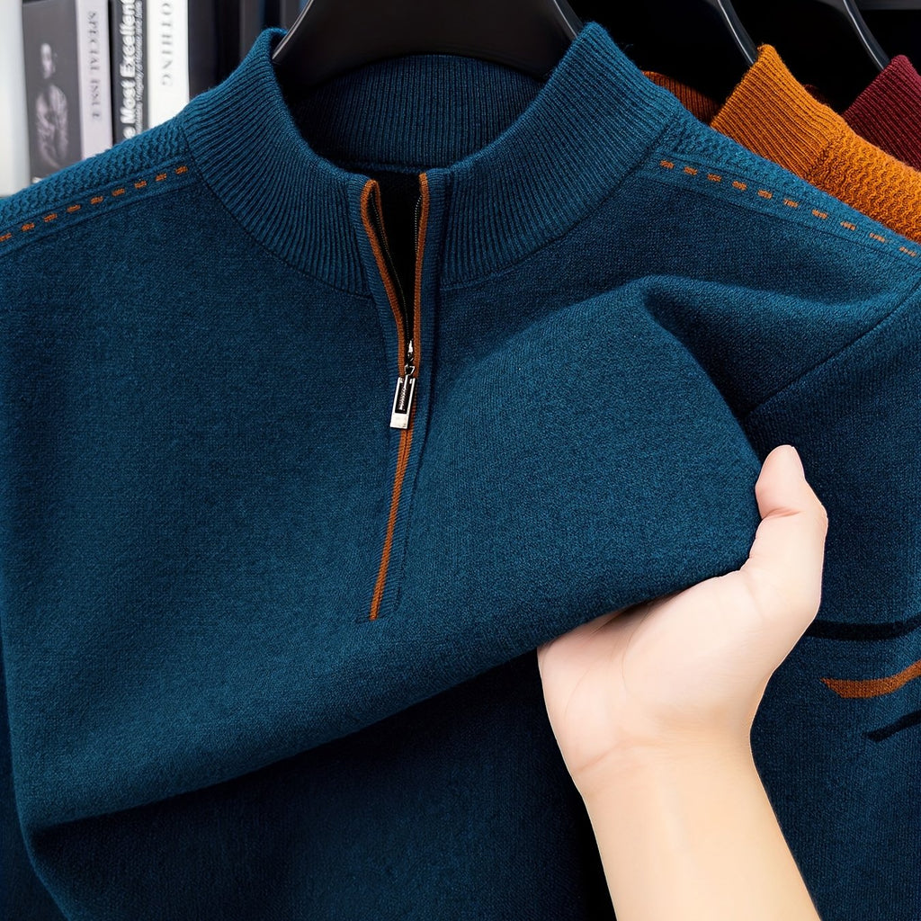 Men's Smart-Casual Knit Pullover with Half-Zip Neckline - Blue