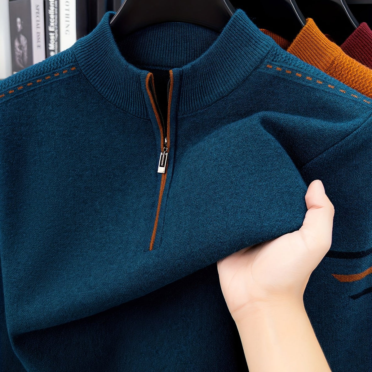 Men's Smart-Casual Knit Pullover with Half-Zip Neckline - Blue