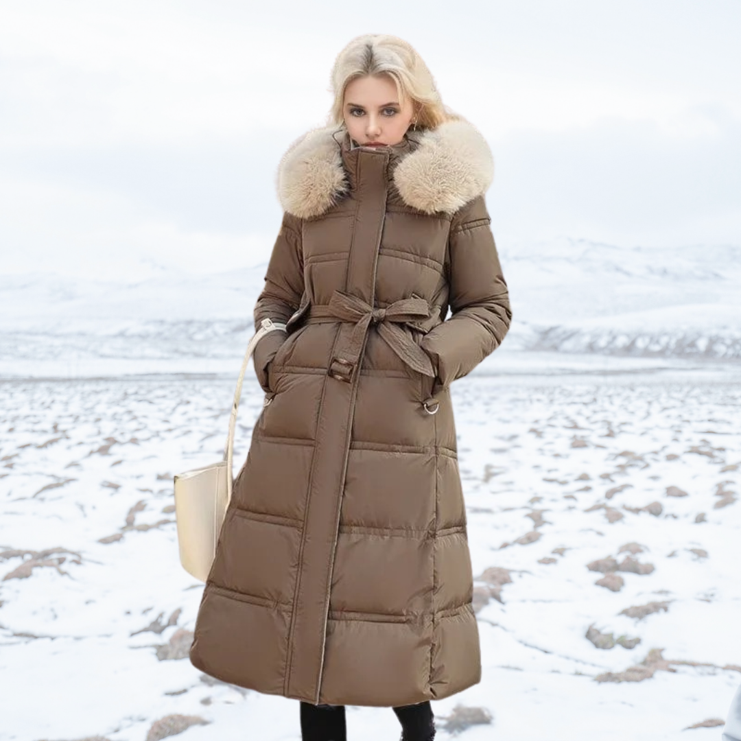 Women's Faux Fur Collar Long Puffer Coat with Side Pockets - Brown