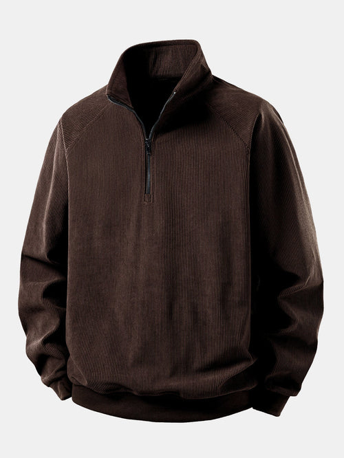 Men's Fine Corduroy Zip Collar Sweatshirt - Dark Brown