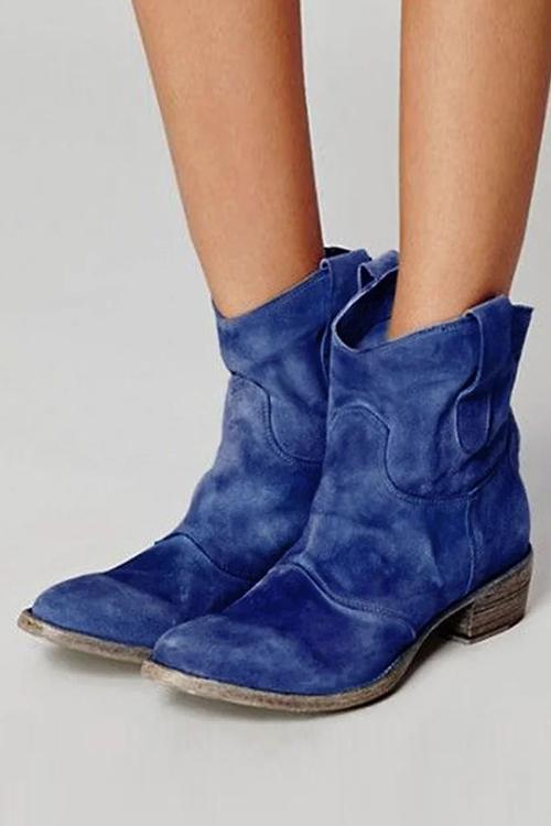 Women's Vintage Western Suede Booties with Stacked Heel - Dark Blue