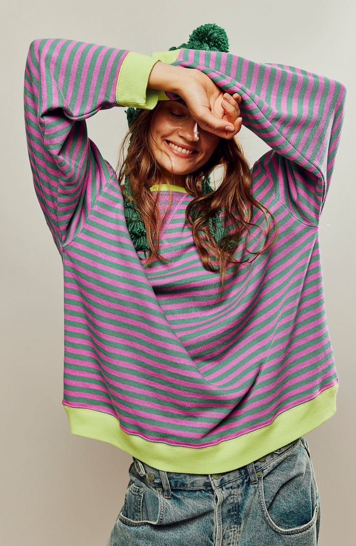 Women's Oversized Striped Sweatshirt Relaxed Balloon Sleeve Pullover