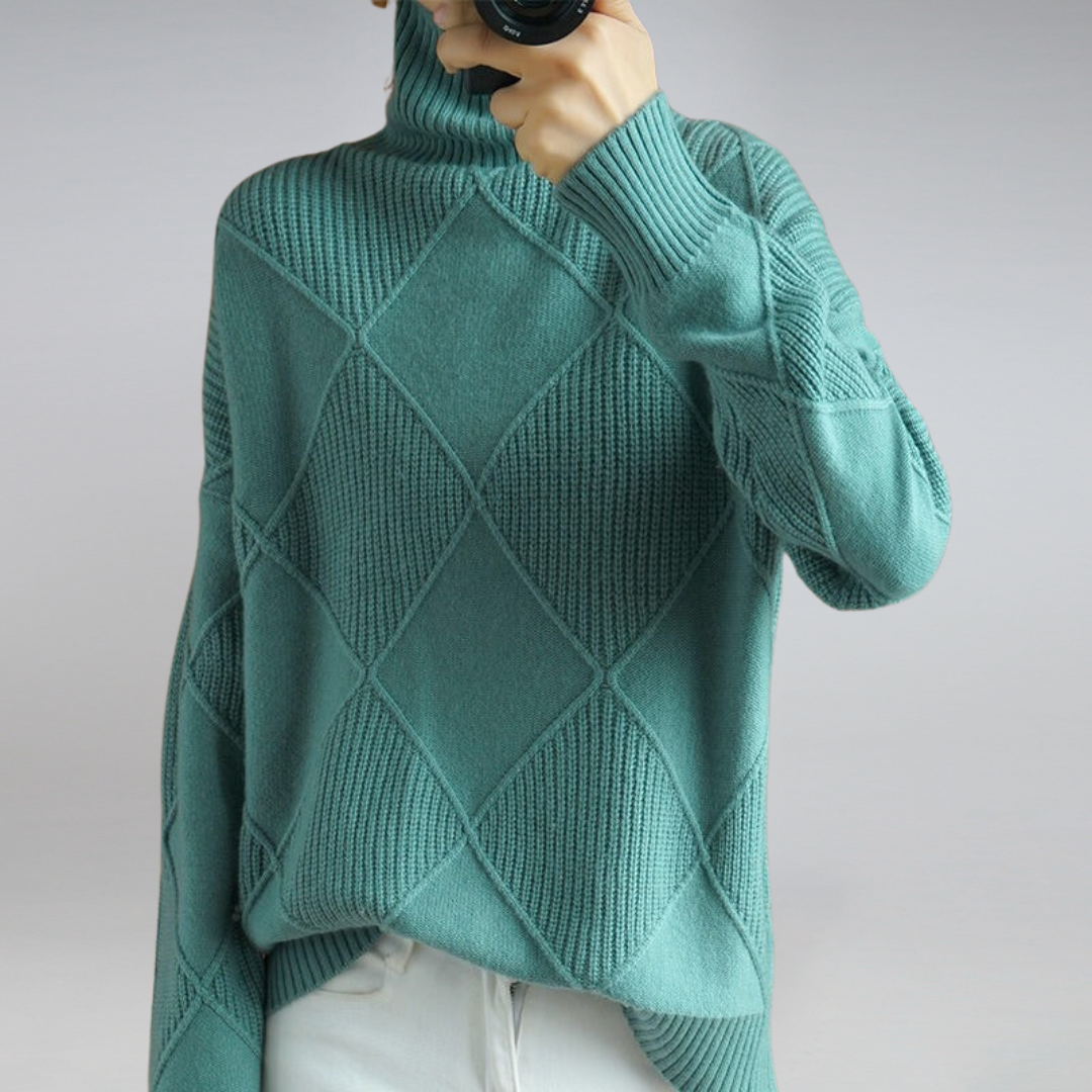 Women's Diamond Knit Turtleneck Pullover in Warm Wool Blend - Turquoise