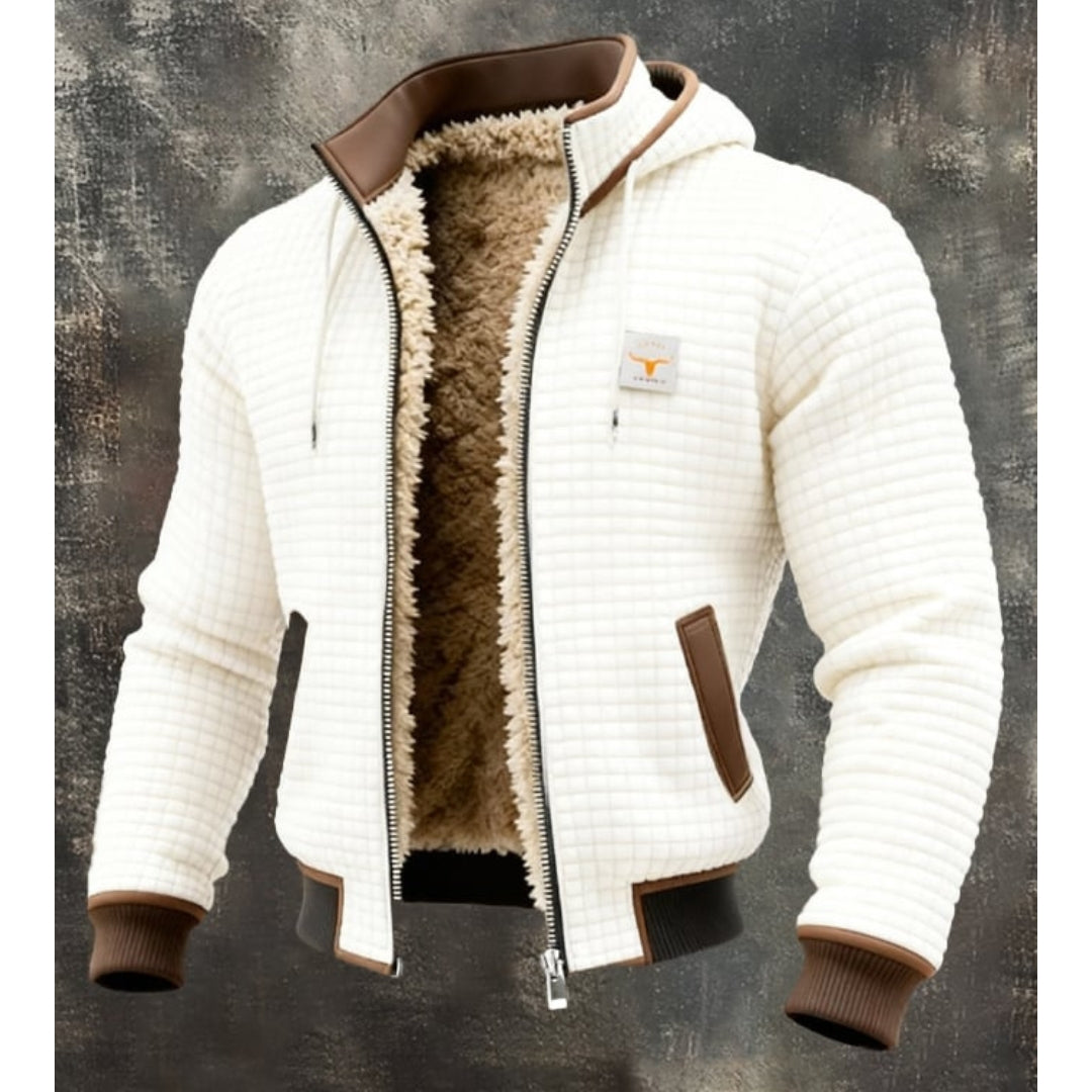 Men's Contrast-Trim Quilted Hooded Jacket with Fleece Lining - White