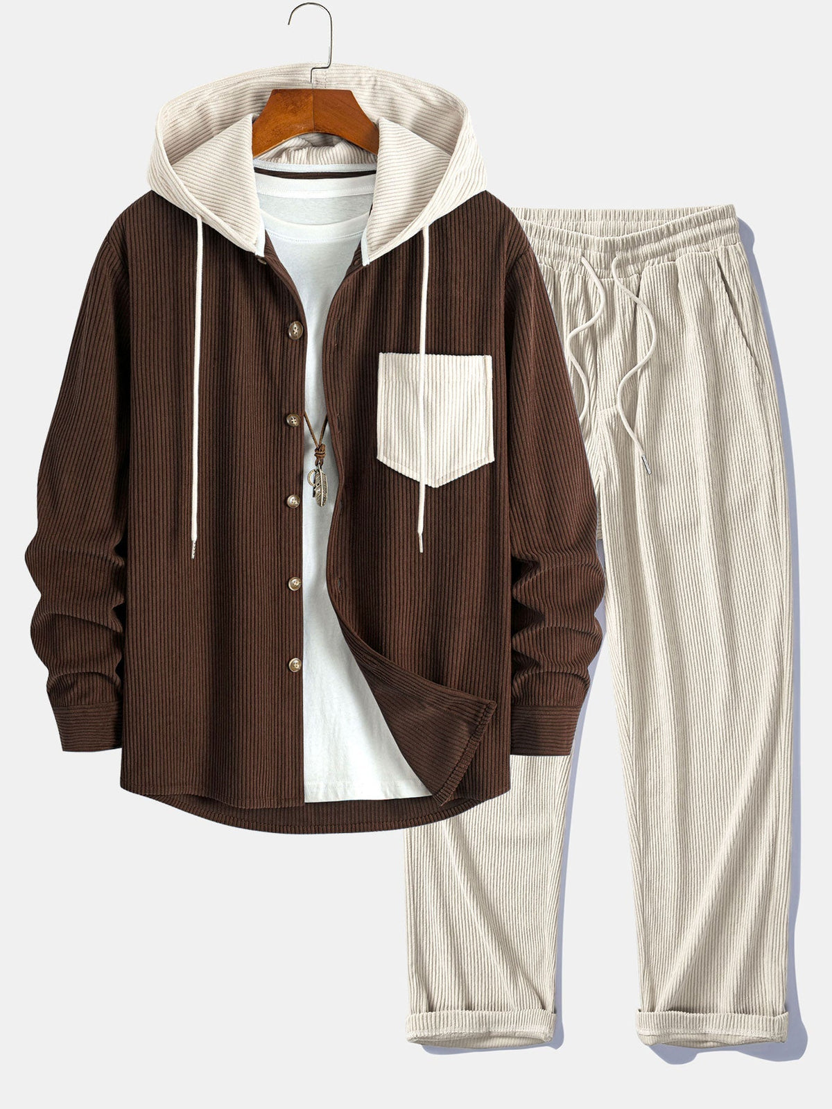 Men's Relaxed Corduroy Two-Piece Hooded Weekend Set - Dark Brown/Beige