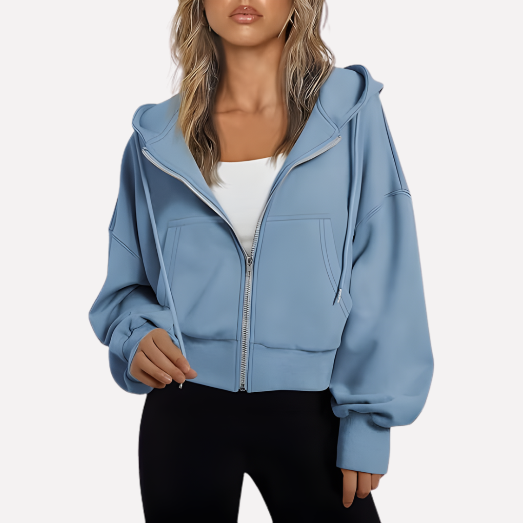 Women's Zip Hoodie Relaxed Fit Cropped Drawstring Jacket