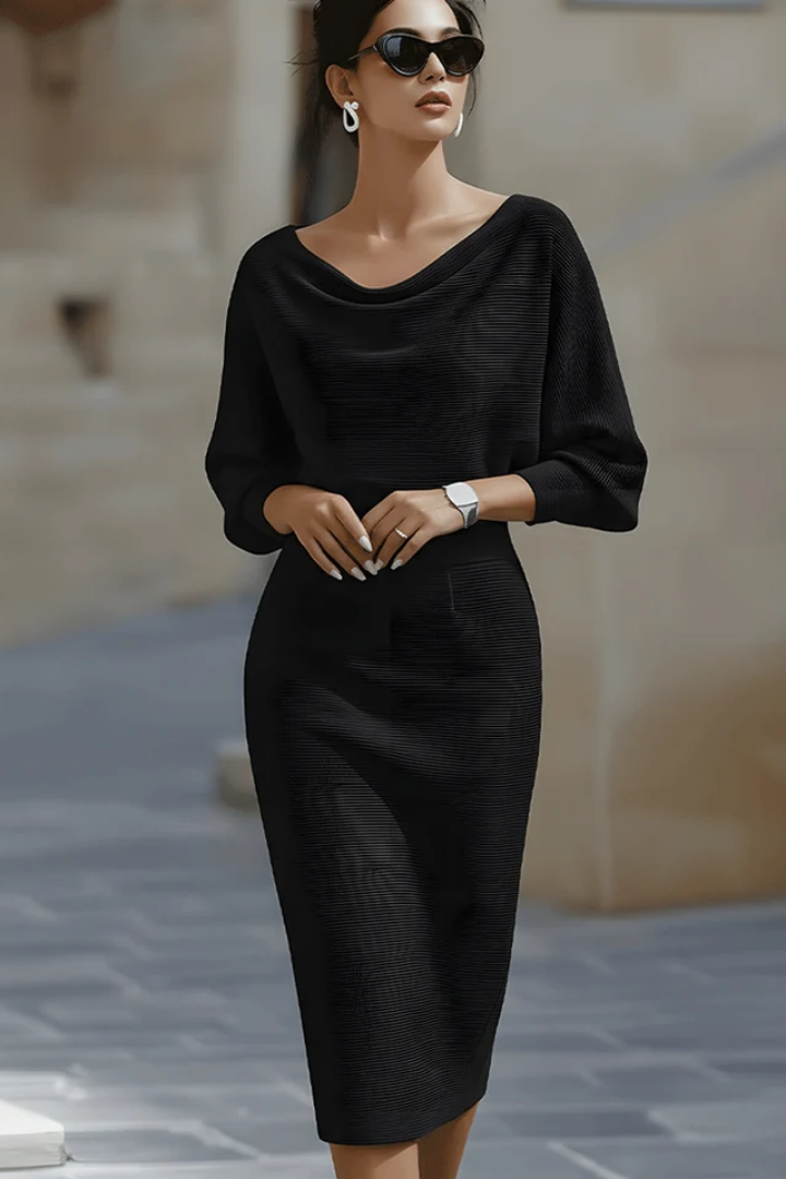 Women's Relaxed Cowl Drape Midi Dress with Loose Sleeves - Black