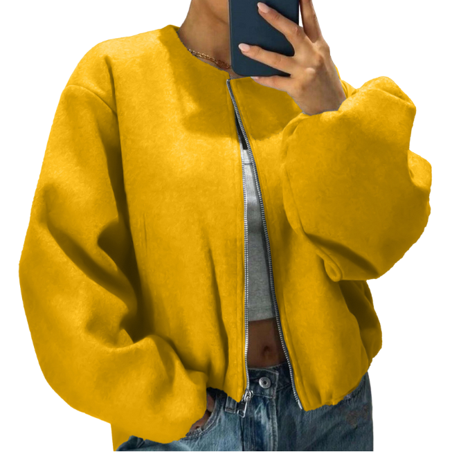 Women's Balloon-Sleeve Short Bomber Jacket - Mustard Yellow