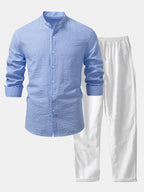 Men's Lightweight Stand Collar Co Ord Seersucker Shirt Linen