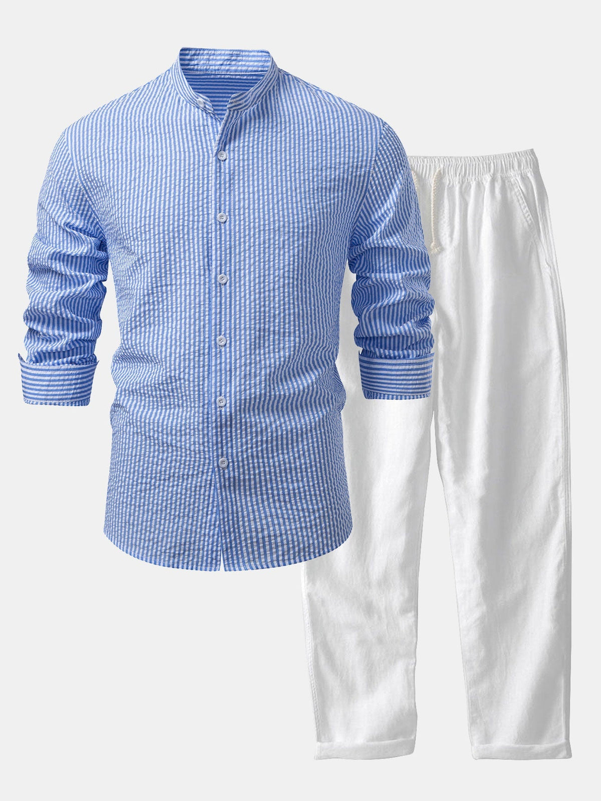 Men's Lightweight Stand Collar Co Ord Seersucker Shirt Linen