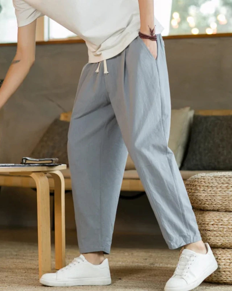 Men's Relaxed Drawstring Tapered Cotton Trousers