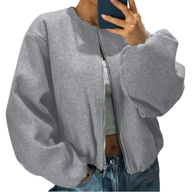 Women's Balloon-Sleeve Short Bomber Jacket - Gray