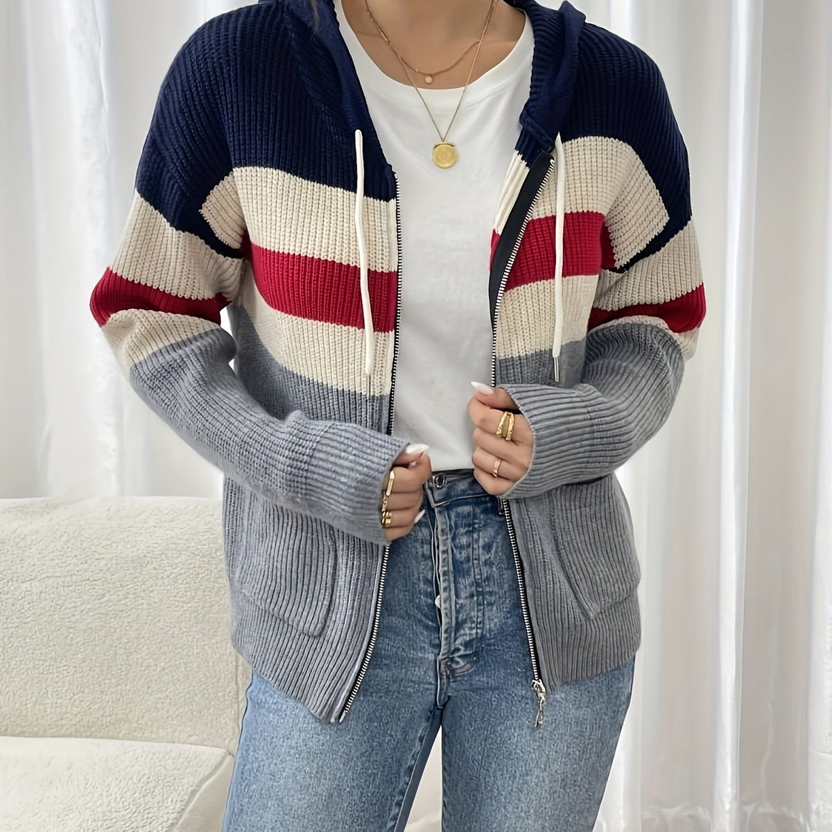Women's Multicolor Rib Knit Hooded Zip-Up Cardigan - Polychrome