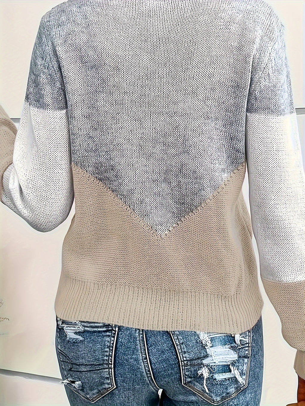 Women's Two-Tone Knit Pullover with Flattering V-Neckline