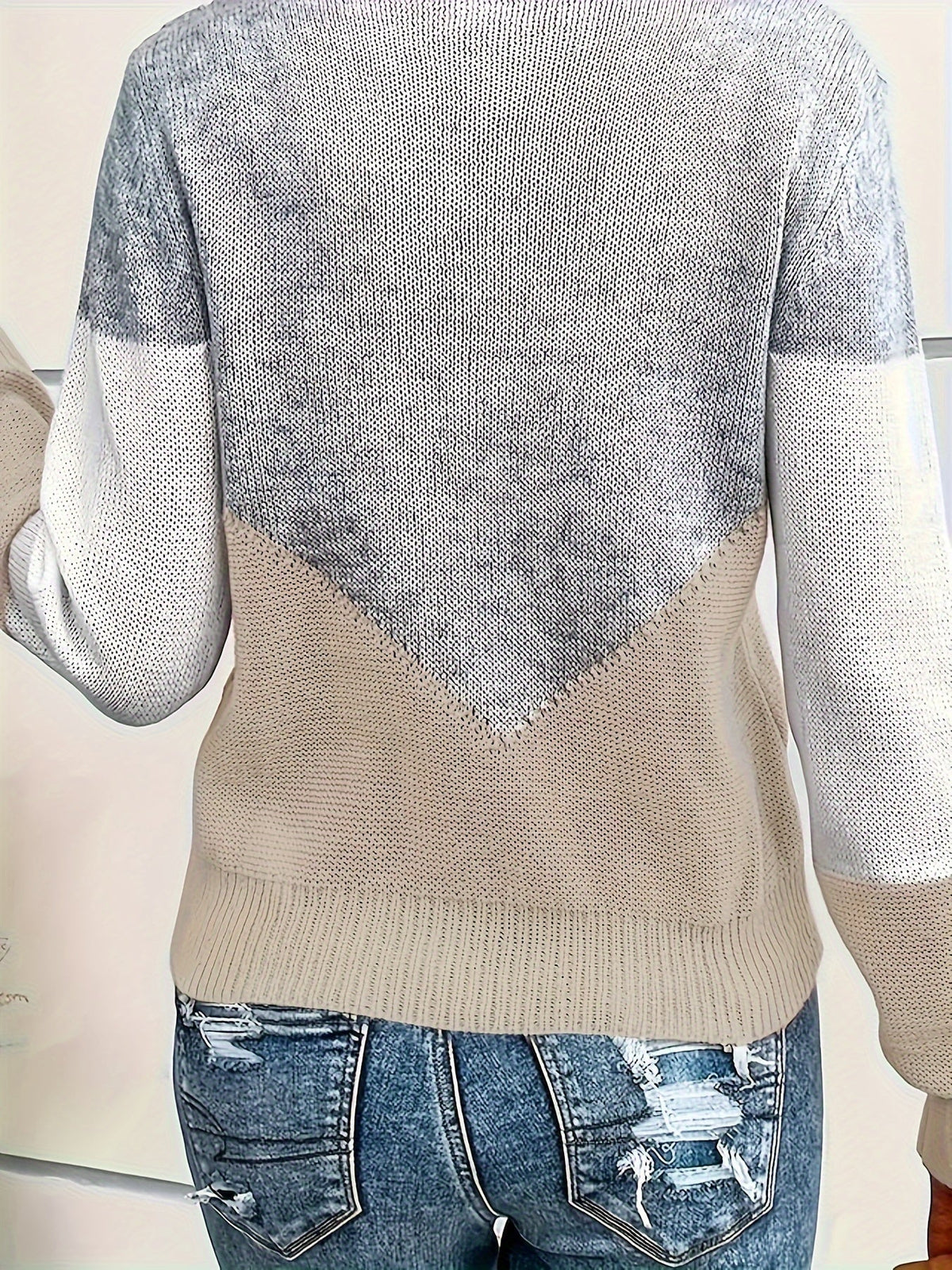 Women's Two-Tone Knit Pullover with Flattering V-Neckline