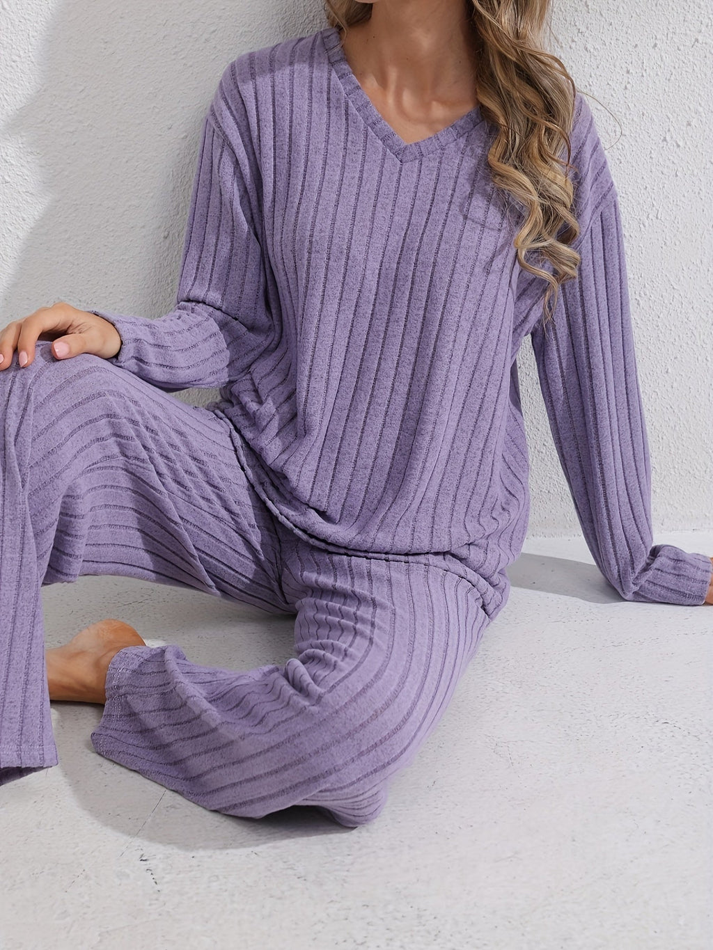 Women's Purple Ribbed Top and Loose Pants Stay-In Set