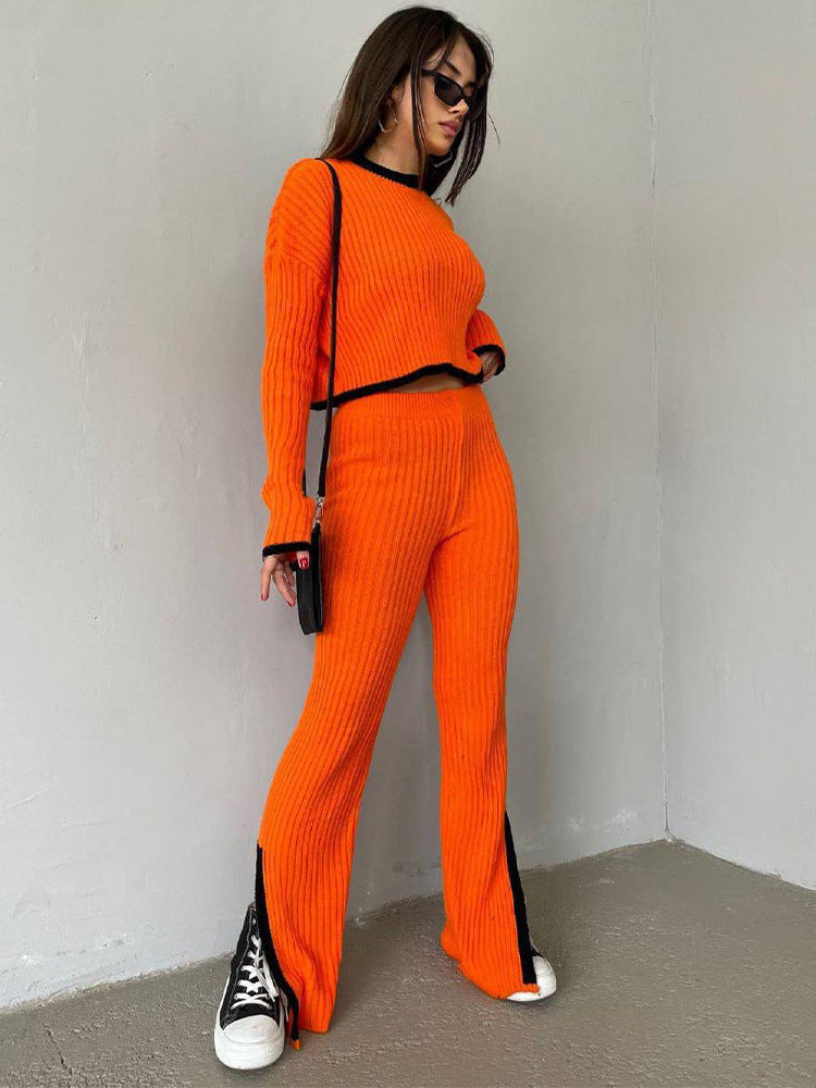 Women's Cool-Weather Knit Two-Piece with Contrast Edging - Orange