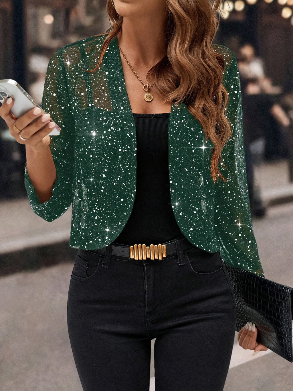 Women's Metallic Knit Open-Front Short Jacket