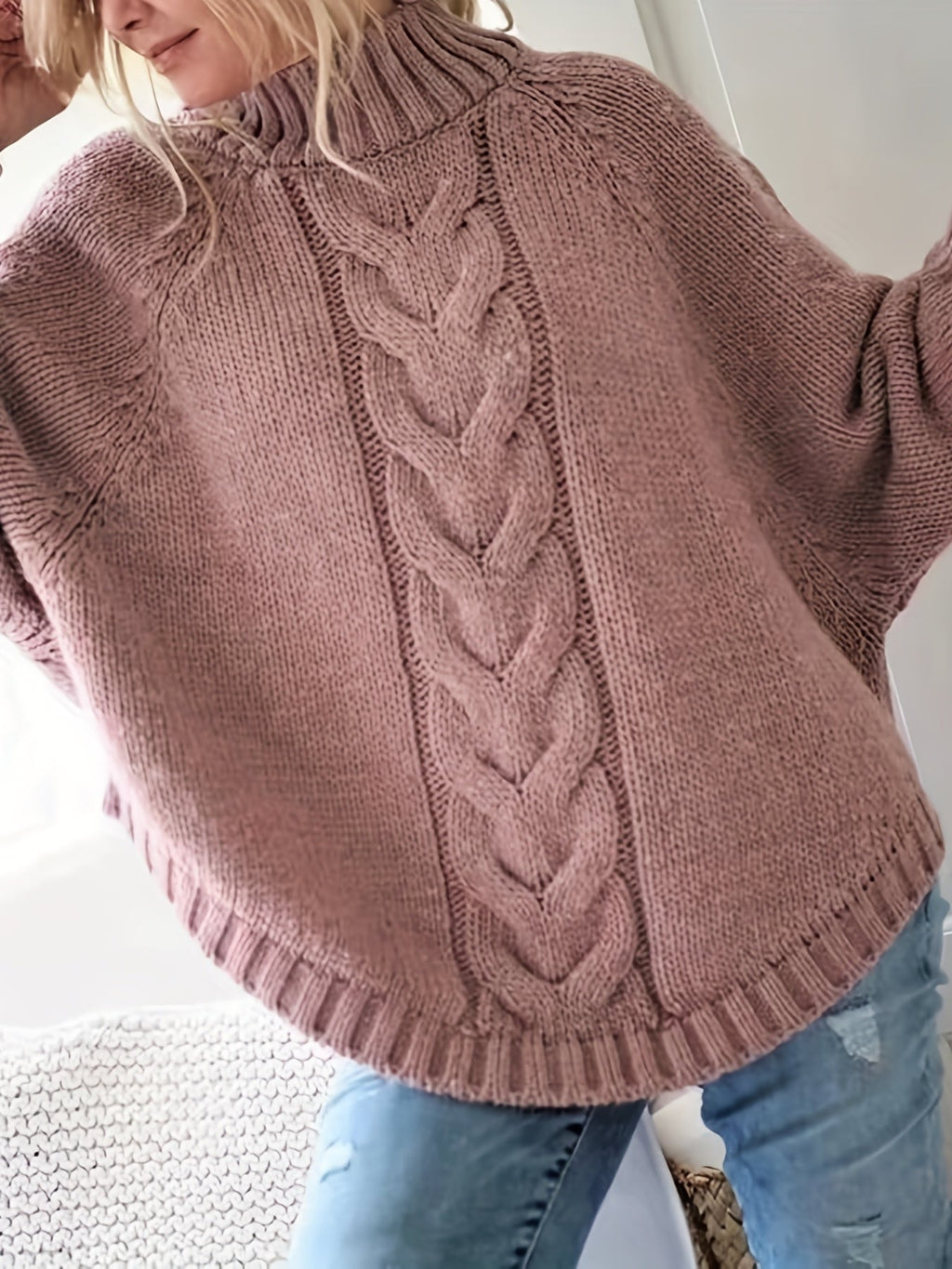 Women's Thick Textured High-Neck Sweater with Cable Detail