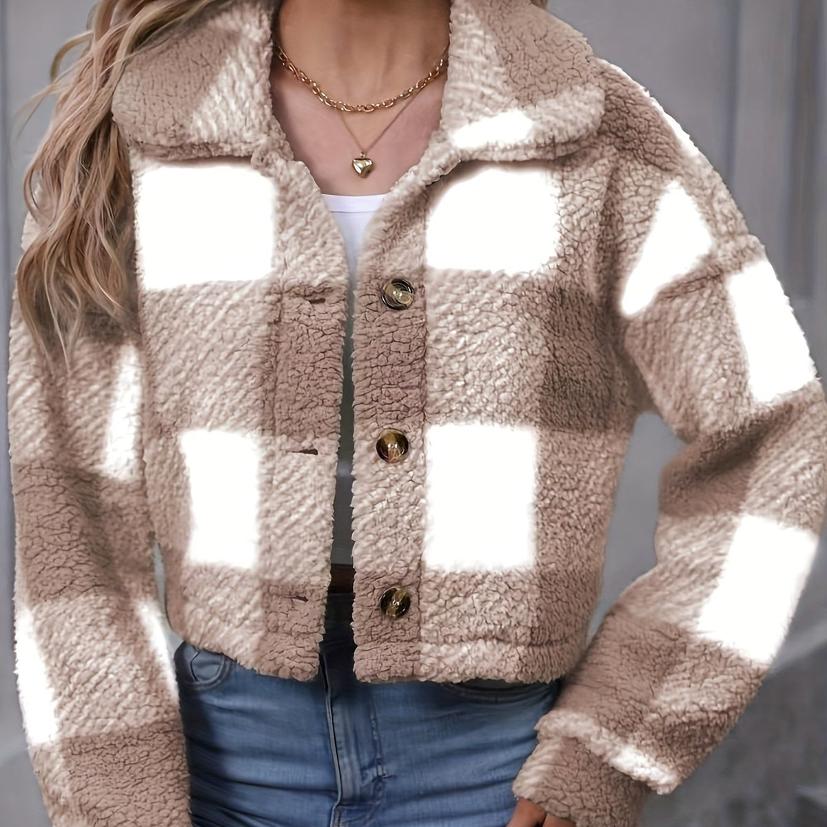 Women's Cropped Plaid Jacket with Relaxed Collar - Khaki
