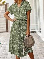 Women's Midi Summer Dress Adjustable Waist Lightweight Printed