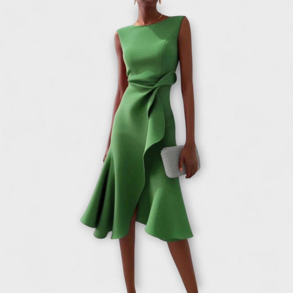 Women's Sleeveless Midi Dress With Draped Asymmetrical Hem