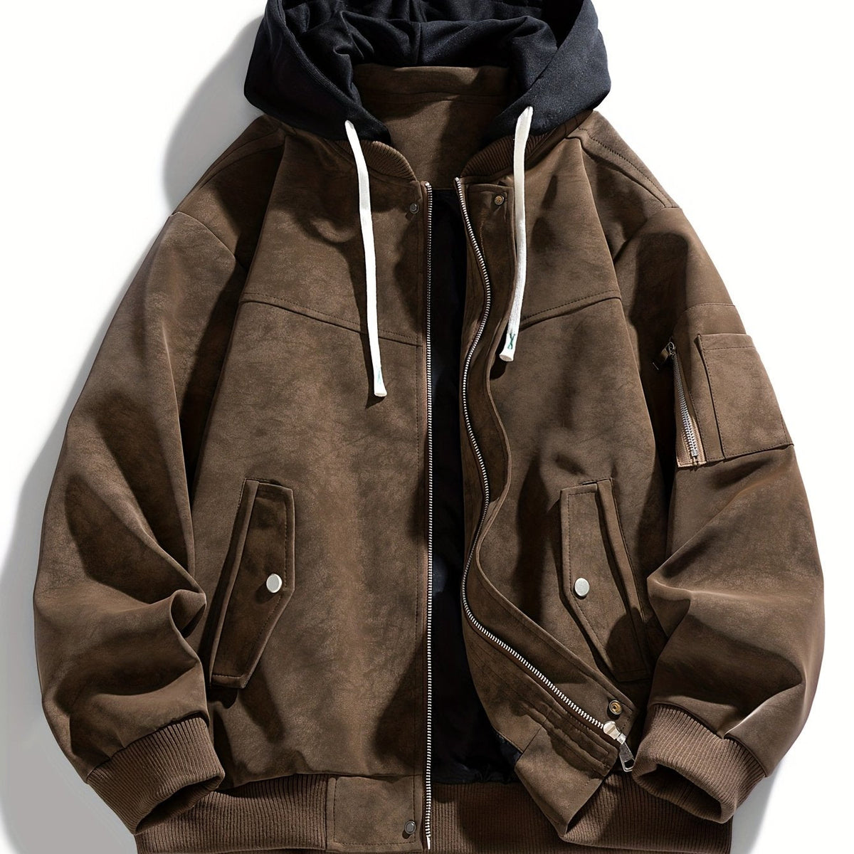 Women's Drawstring Hood Zip Jacket with Ribbed Cuffs and Hem - Coffee Color