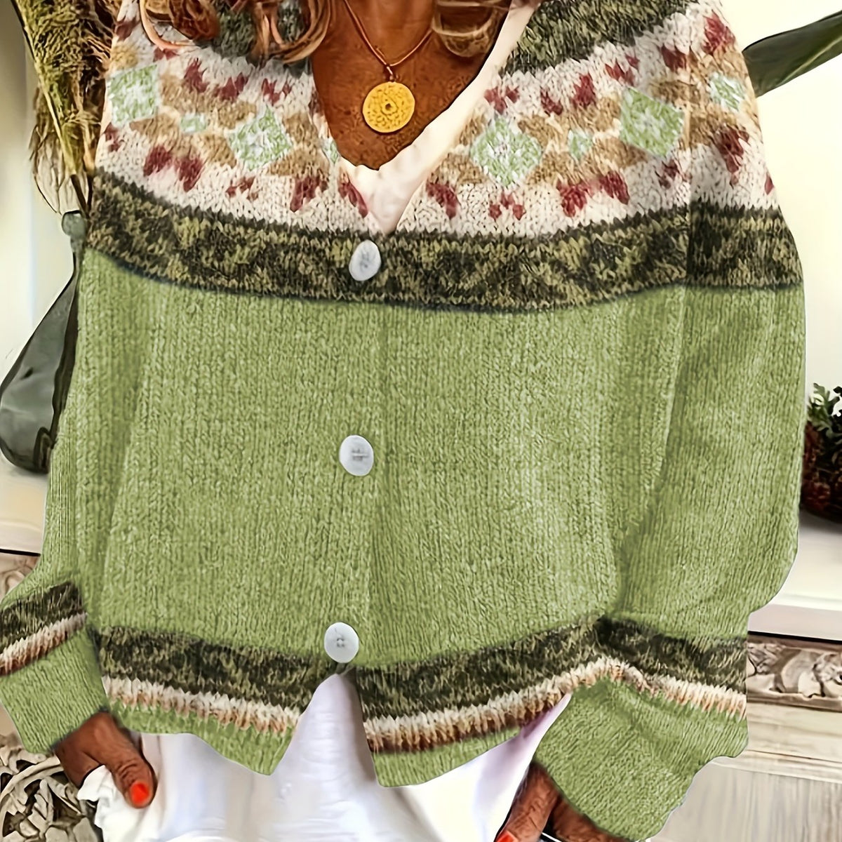 Women's Button-Up Cardigan with Retro Geometric Yoke - Light Green