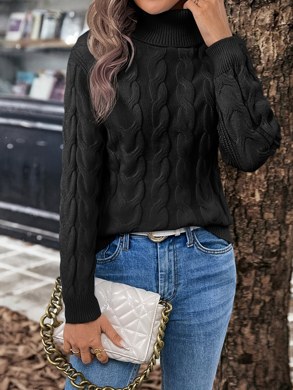 Women's Everyday Turtleneck Pullover with Twisted Cable Knit