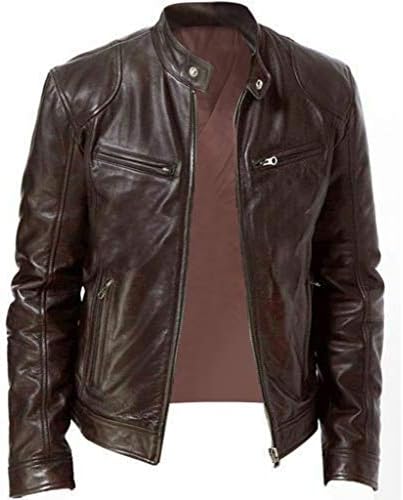 Men's Multi-Pocket Faux Leather Moto Jacket, Stand or Lapel Collar - Brown