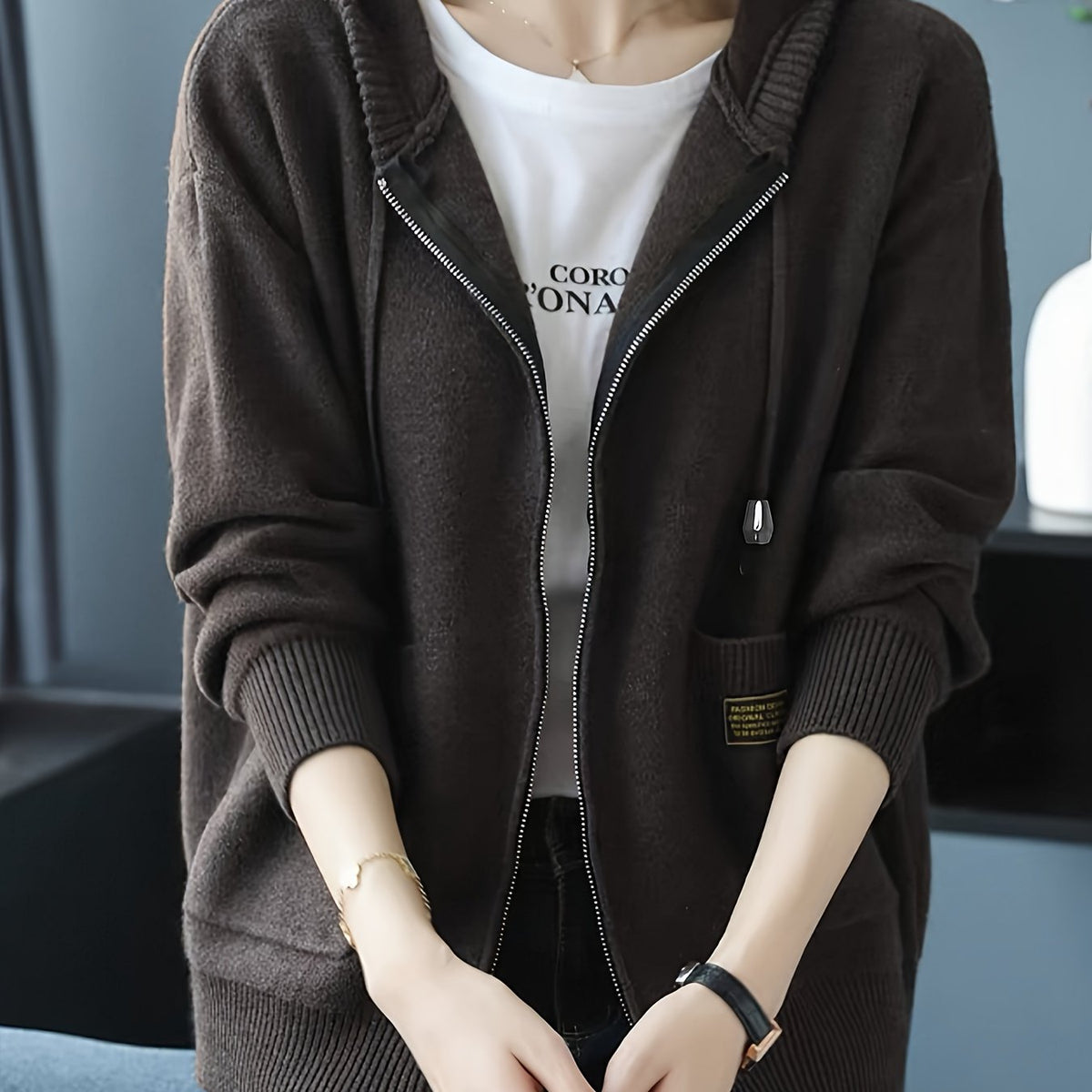 Women's Soft Knit Full-Zip Hoodie Cardigan with Pockets - Coffee Color