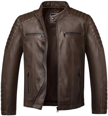 Men's Short Genuine Leather Biker Jacket with Quilted Sleeve Panels - Dark Brown