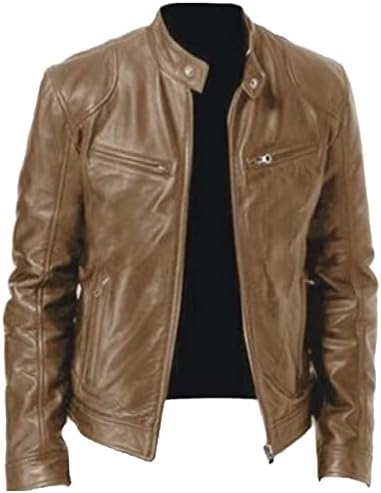 Men's Multi-Pocket Faux Leather Moto Jacket, Stand or Lapel Collar - Khaki