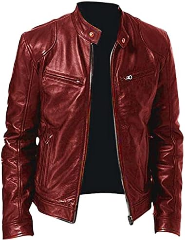Men's Multi-Pocket Faux Leather Moto Jacket, Stand or Lapel Collar - Wine Red