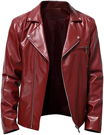 Men's Multi-Pocket Faux Leather Moto Jacket, Stand or Lapel Collar - Red