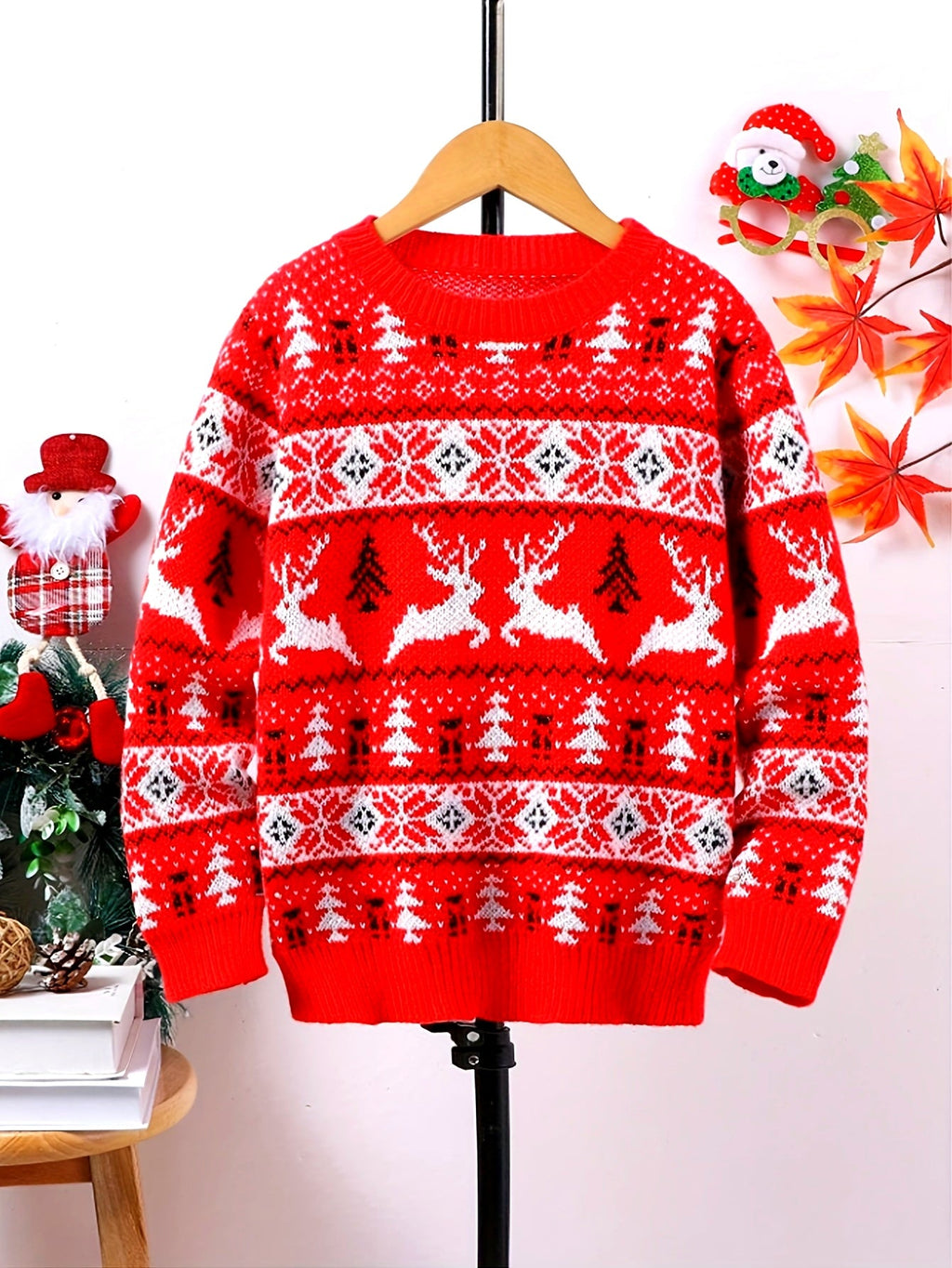 Women's Red Reindeer and Pine Tree Holiday Knit Sweater