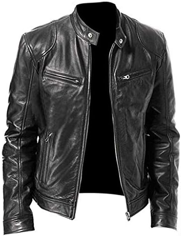 Men's Multi-Pocket Faux Leather Moto Jacket, Stand or Lapel Collar - Black Stand Collar