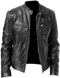 Men's Multi-Pocket Faux Leather Moto Jacket, Stand or Lapel Collar - Black Stand Collar