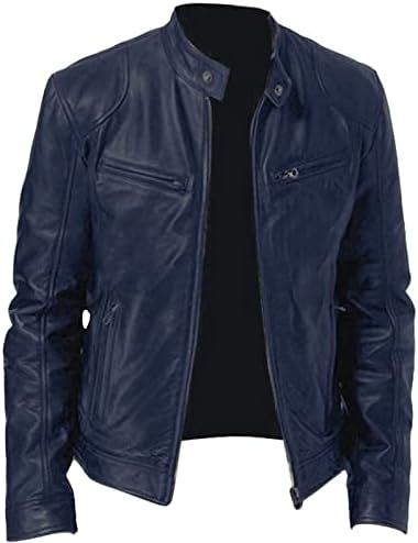 Men's Multi-Pocket Faux Leather Moto Jacket, Stand or Lapel Collar - Dark Blue