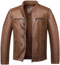 Men's Short Genuine Leather Biker Jacket with Quilted Sleeve Panels - Brown