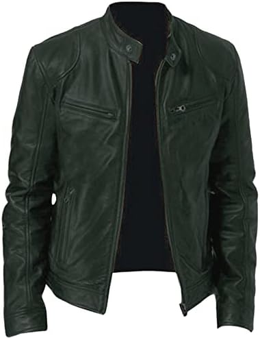 Men's Multi-Pocket Faux Leather Moto Jacket, Stand or Lapel Collar - Dark Green