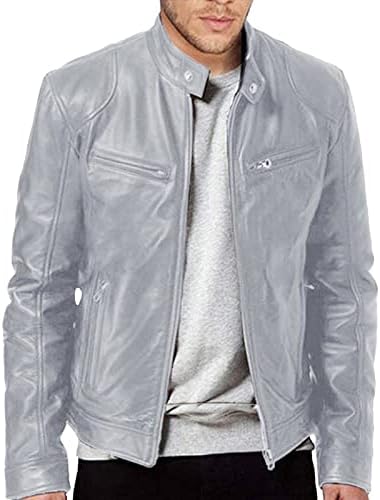 Men's Multi-Pocket Faux Leather Moto Jacket, Stand or Lapel Collar - Gray