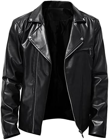 Men's Multi-Pocket Faux Leather Moto Jacket, Stand or Lapel Collar - Black Lapel