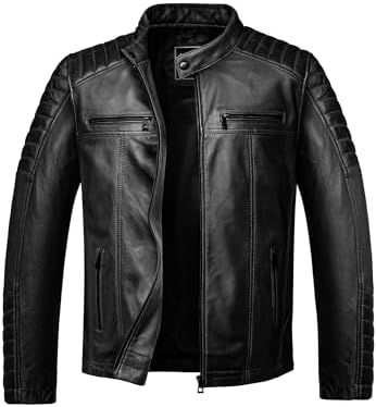Men's Short Genuine Leather Biker Jacket with Quilted Sleeve Panels - Black