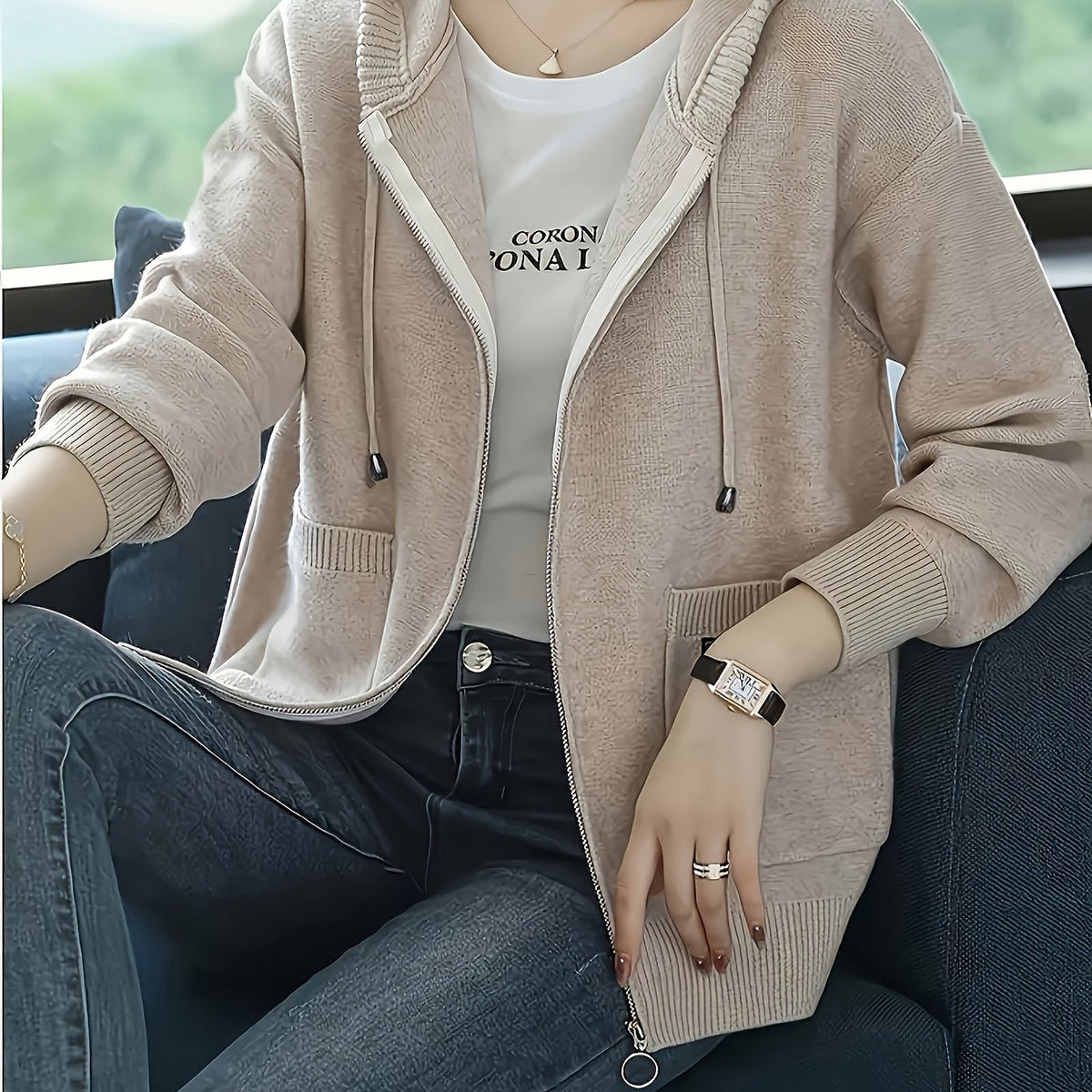 Women's Soft Knit Full-Zip Hoodie Cardigan with Pockets - Apricot