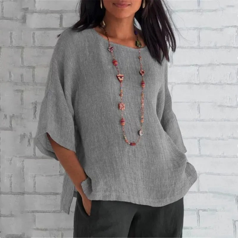 Women's Relaxed-Fit V-Neck 3/4 Sleeve Linen Tunic