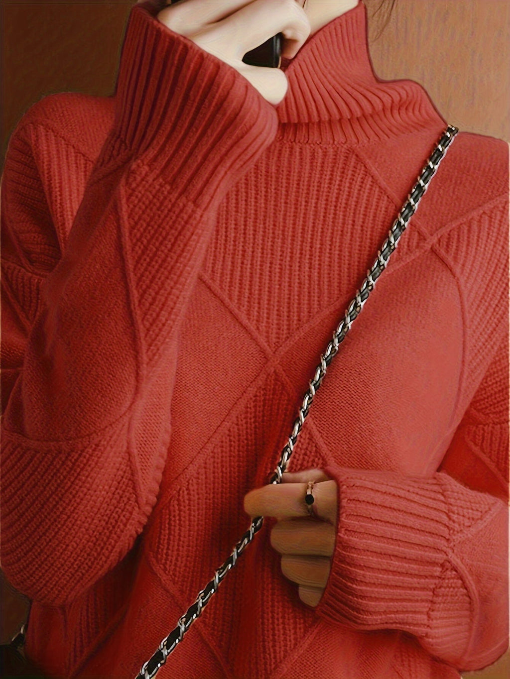 Women's Insulating Knit Turtleneck with Diamond Stitch Detail